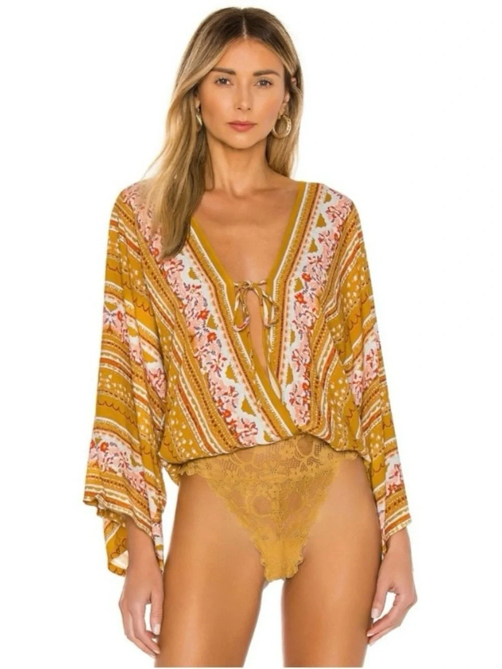 Free People Boho Tie Front Bodysuit, Gold Combo Sz S